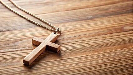 Obraz premium Minimalist Luxury Cross Necklace on Wooden Background, Flat Lay Product Photography