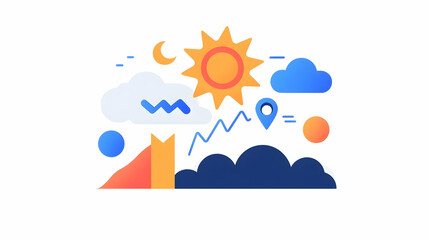 Bright Colorful Landscape with Sun, Clouds, and Abstract Elements