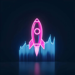 Neon Rocket Design with Sound Wave Visual in Dark Background