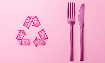 Pink Fork and Knife Next to Recycle Symbol on Pastel Background