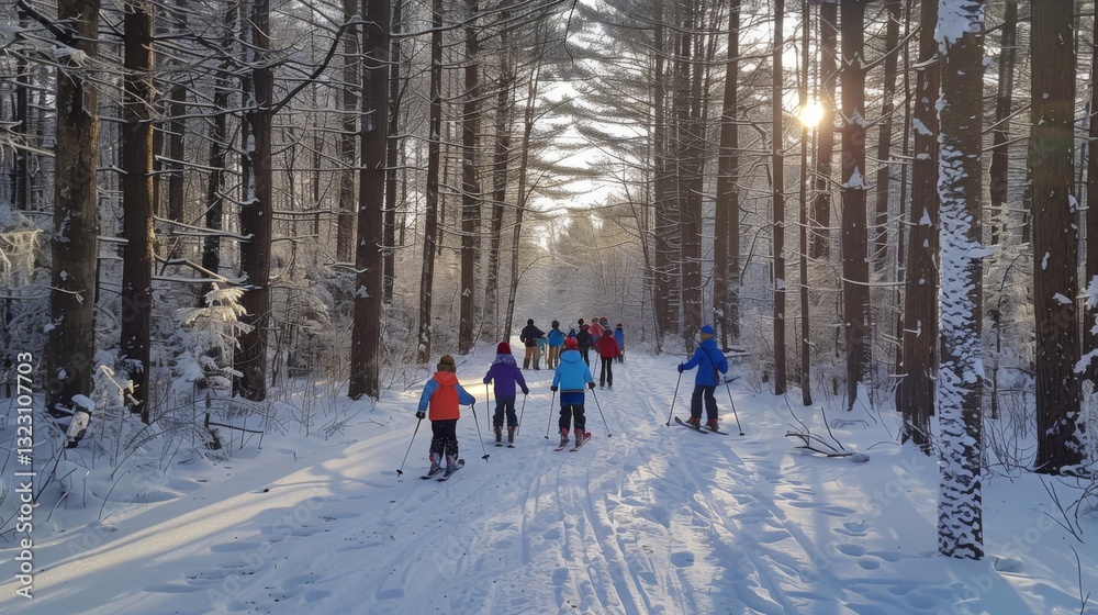 Aufkleber groups of skiers glide along a snow covered path in a serene forest, surrounded by towering trees un