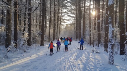 Fototapeta premium Groups of skiers glide along a snow covered path in a serene forest, surrounded by towering trees under the soft glow of a winter afternoon sun.