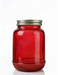A vibrant red glass jar with a silver lid sits on a white background.  Perfect for storing treats or adding a pop of color to your kitchen.