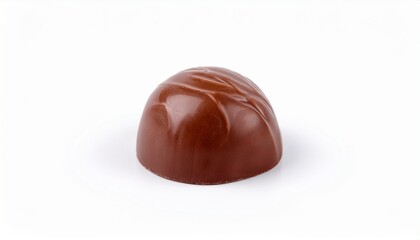 A single, milk chocolate candy rests on a bright white background. Its glossy surface reflects light, enhancing its rich brown color. The subtle lines on the candy's surface add a touch of elegance.