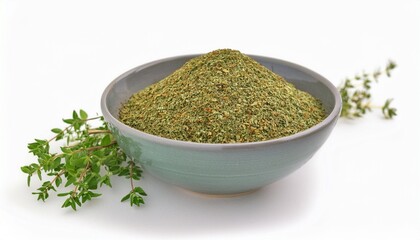 Dried thyme spice in a bowl, next to fresh thyme sprigs. Earthy green hues and natural textures.
