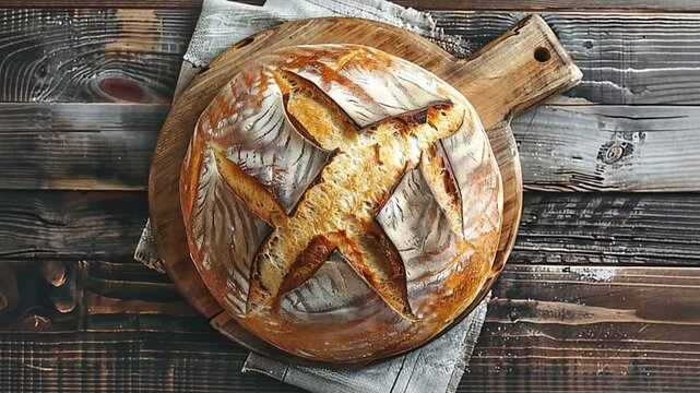 Freshly baked artisan sourdough bread with a decorative crisscross pattern resting on a rustic wooden board, showcasing a crispy crust and golden brown texture