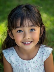 Smiling child enjoys sunny day in park with vibrant green grass