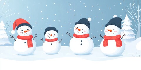 Fototapeta premium Winter holiday christmas background banner. Closeup of cute funny laughing snowman with wool hat and scarf, on snowy snow snowscape with bokeh lights, illuminated by the sun. Generative AI