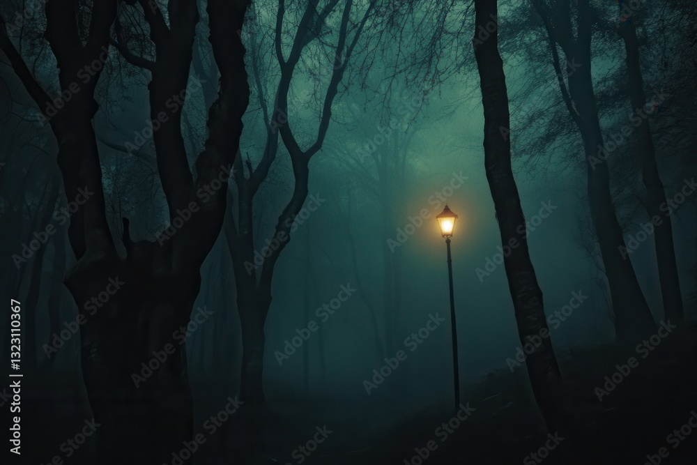 Poster Misty forest shrouded in fog with twisted trees and a dim street lamp illuminating the eerie path ahead