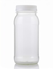 Empty clear glass jar with a white plastic lid. Perfect for storing homemade preserves, spices, or other dry goods.
