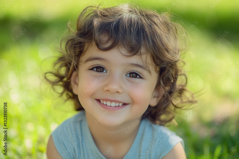 Poster Smiling child enjoying a sunny day in a park with green grass background and bright sunlight enhancing their joyful expression