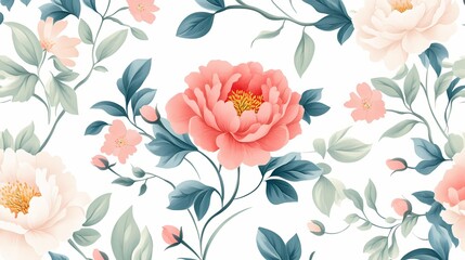 Floral Pattern with Peonies and Green Leaves on White Background  