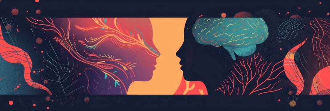 Artistic representation of mental health for world schizophrenia awareness day. Horizontal banner. Copy space. Dissociative Identity Disorder. Bipolar Disorder. Seasonal depression