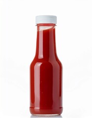 A bottle of bright red tomato sauce with a white cap against a white background. Perfect for adding a pop of color to your culinary creations!