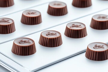 Assorted chocolate candies arranged neatly on a white background