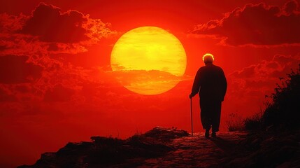 A silhouette of an elderly man, bent with age, walking slowly with a cane along a country path as the sun sets. 