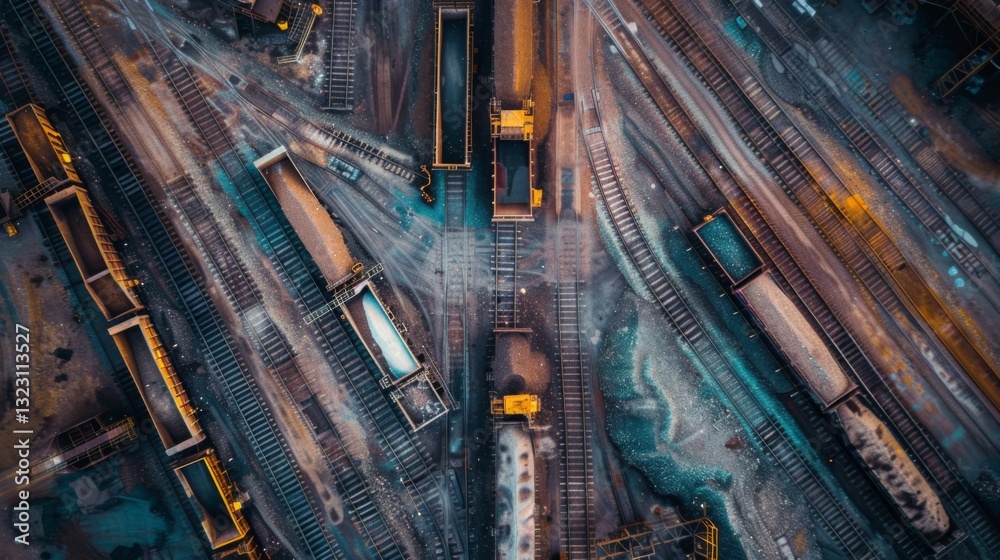 Poster overhead view showcases a detailed arrangement of train tracks and cargo containers in a busy rail y