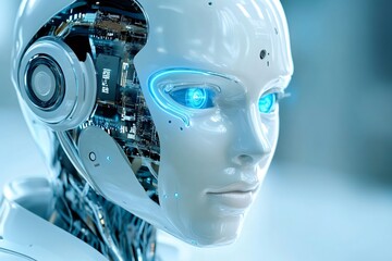 Fototapeta premium Advanced humanoid robot showing internal circuits and glowing blue eyes