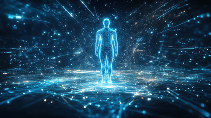 Abstract digital human hologram floating in the center of space, surrounded by glowing blue light particles and a cosmic background
