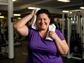Plus-Size Woman Sweating in Gym Tired but Satisfied After Exercise Realistic Fitness and Weight Loss Motivation