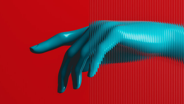 Glazed glass hand gesture against a vibrant red backdrop