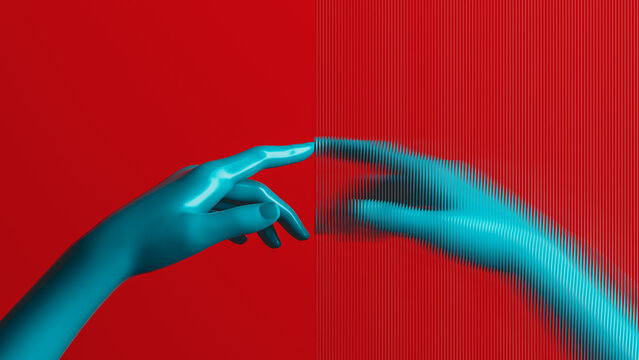Hand reaching through a translucent surface in modern art design