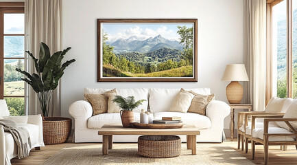 Elegant Living Room Interior with Landscape Painting and Natural Light