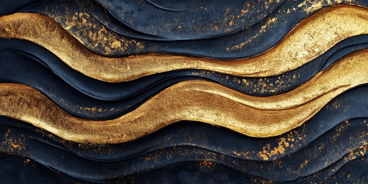 Abstract gold black acrylic painted fluted 3d painting texture luxury background banner on canvas. Golden waves swirls