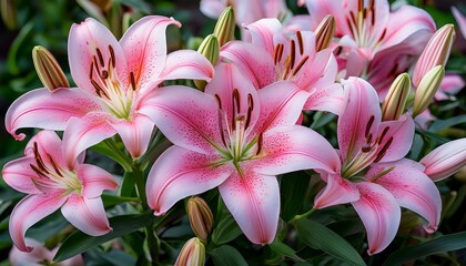 Obraz premium Beautiful pink lilies in full bloom with delicate petals and intricate details. A stunning close-up of fresh flowers in a lush green garden, perfect for nature, floral, and botanical themes.