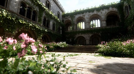 Obraz premium Exploring Stone Building Courtyard with Flowers and Climbing Green Plants