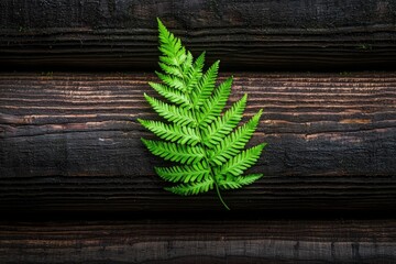 Naklejka premium A vibrant green fern leaf resting on a rustic wooden surface
