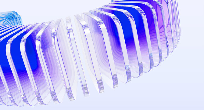Hologram glass shapes dynamic 3d background. Abstract bg with row of crystal square plates. Holographic light transparent gradient wave line pattern. Render digital tech banner. 3D illustration