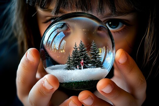 A child holds a snow globe featuring a winter scene with trees
