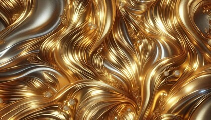 Golden liquid swirls with metallic light and shiny star patterns