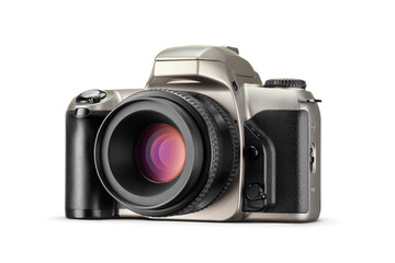 Naklejka premium Classic silver SLR film photo camera with standard lens isolated. Transparent PNG image.