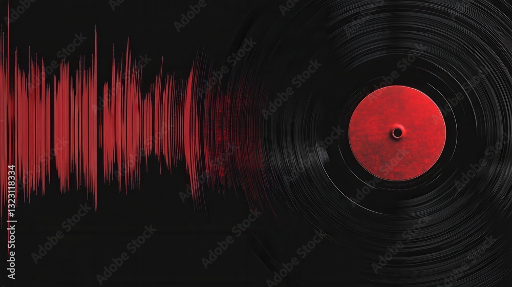 Poster vinyl record texture featuring rhythmic soundwave ripples in striking black and red with space for t