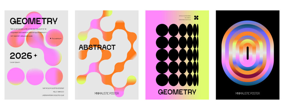 Posters with gradient minimalistic basic figures, extraordinary graphic assets of geometrical shape.  Modern minimal colorful print brutalist.
