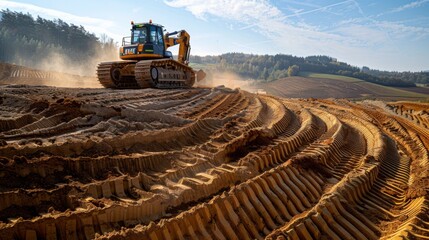 A bulldozer skillfully shapes the terrain, leaving behind distinct patterns in the soil as it prepares land for agricultural use against a backdrop of hilly countryside.