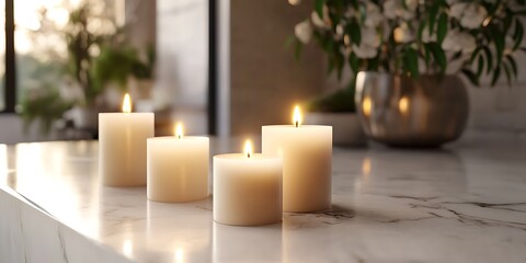 A set of elegant candles arranged on a marble countertop the flames flickering softly in the warm light