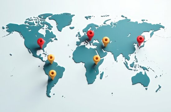 World map with colorful markers indicating different global locations