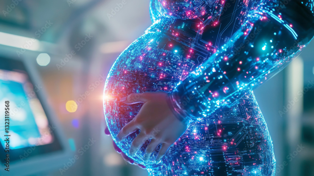 Aufkleber A person in a glowing bodysuit showcasing a visible pregnant belly with vibrant digital patterns. The setting suggests a futuristic environment, emphasizing technological advancements in pregnancy.