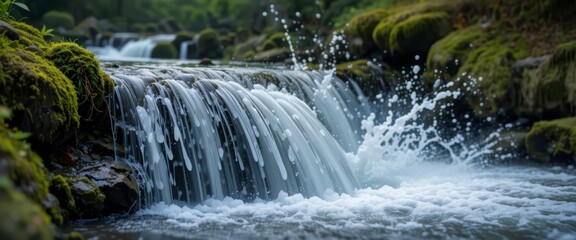 Fototapeta premium Cascading Waterfall, Mossy Rocks, Nature - Nature & Environment: Th.