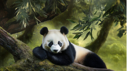 Fototapeta premium A mysterious giant panda rests atop a thick tree branch, its calm gaze reflecting pure relaxation as it embraces the tranquility of its dense, green woodland habitat, surrounded by natural beauty