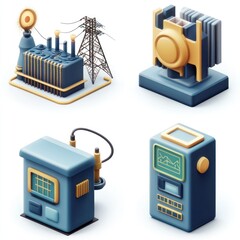 Power generation and distribution isometric icons