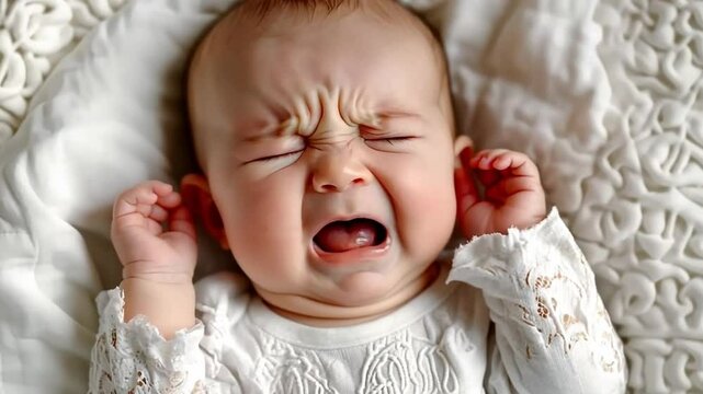 Baby with a furrowed brow and scrunched face expresses frustration. Lying on a soft blanket, the baby showing discomfort.