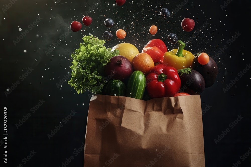 Fototapete fresh fruits and vegetables tumble from a paper grocery bag in a dynamic display of color and textur