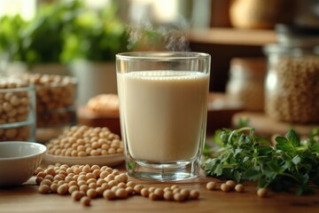Creamy Soy Milk: A glass of freshly made, steaming soy milk stands as a central element, surrounded by the key ingredients: soybeans, herbs, presenting a wholesome and nutritious beverage.
