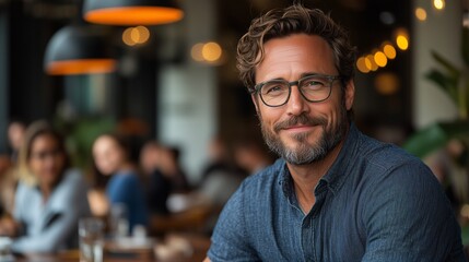 Obraz premium Middle-Aged Man Smiling in Cozy Cafe