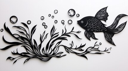 Fototapeta premium Sleek and stylish metal sticker featuring fish, seaweed, and water bubbles, made with intricate laser-cut black steel, waterproof and easy to apply, enhances bathroom decor .