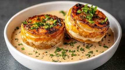 Shrimp meat wellington Soup Ingredients concept. Exquisite Shrimp Wellington with Creamy Bisque Accompaniment